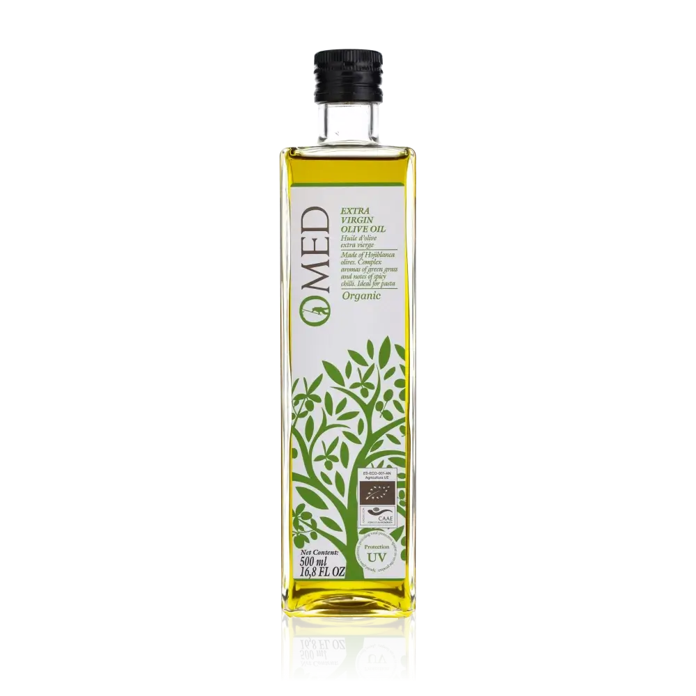 O-MED Bio Hojiblanca Olivenöl Flasche vor schwarzem Hintergrund.