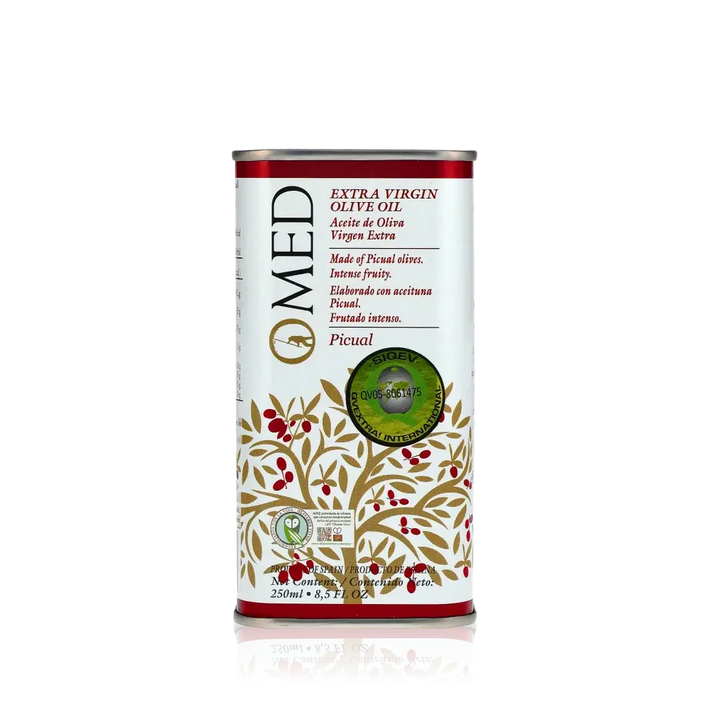 O-MED Picual Olivenöl Dose, 250ml, dekoratives Design.