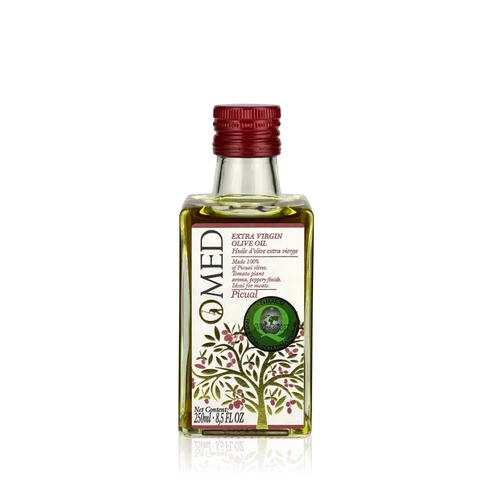 O-MED Picual Olivenölflasche mit dekorativem Etikett.