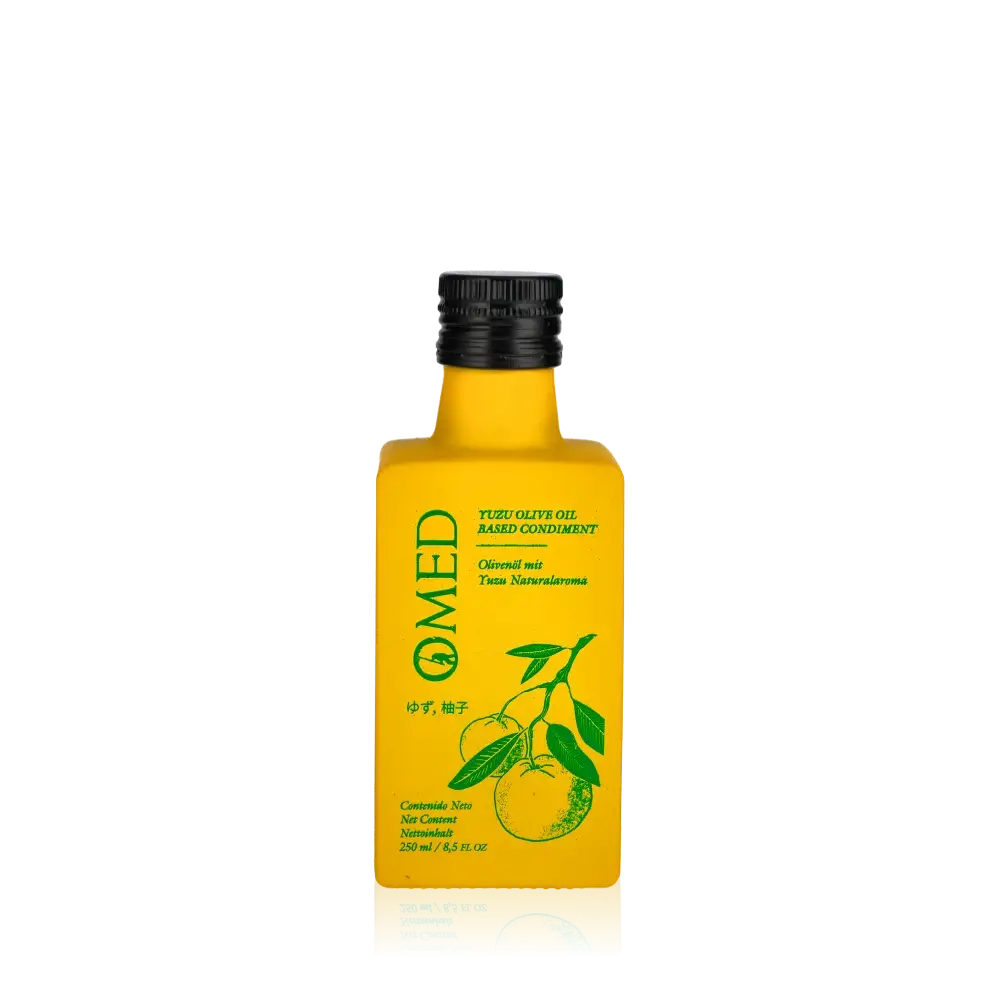 O-MED Yuzu Olivenölflasche mit gelbem Etikett.