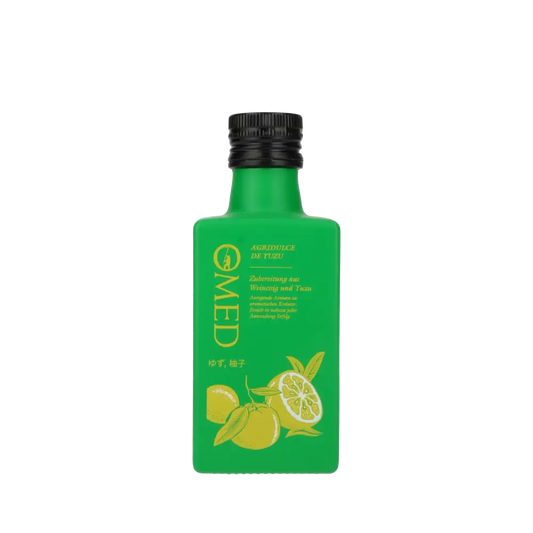 O-MED Yuzu Balsamessig Flasche mit Zitronenabbildung.