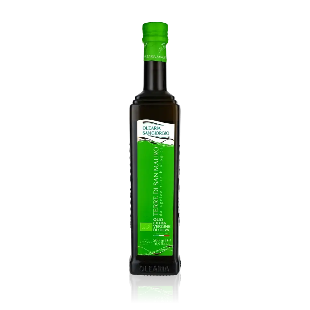 Olearia San Giorgio Olivenölflasche mit grünem Etikett.