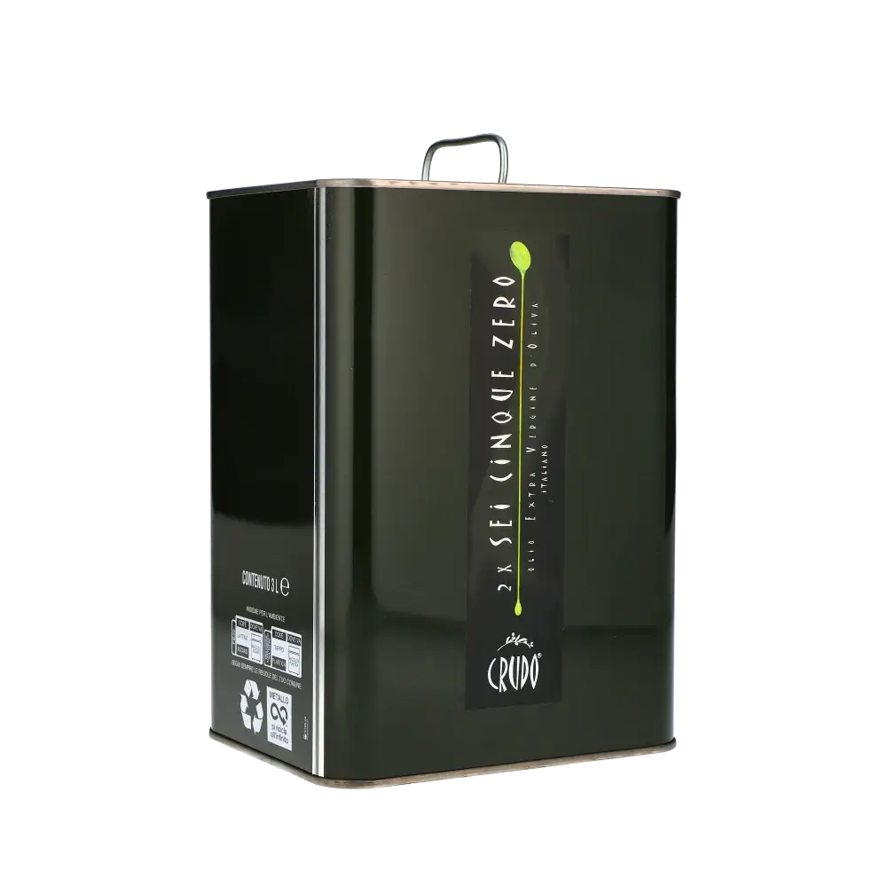 Olivenölkanister von Crudo, 3 Liter, schwarzer Hintergrund.