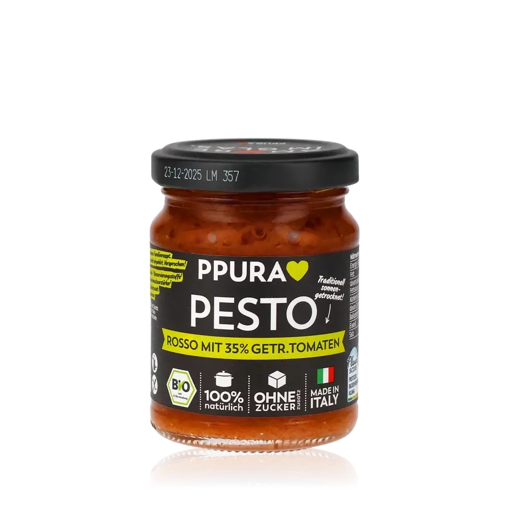 PPura Pesto Rosso Glas mit Etikett und Zutateninformationen.