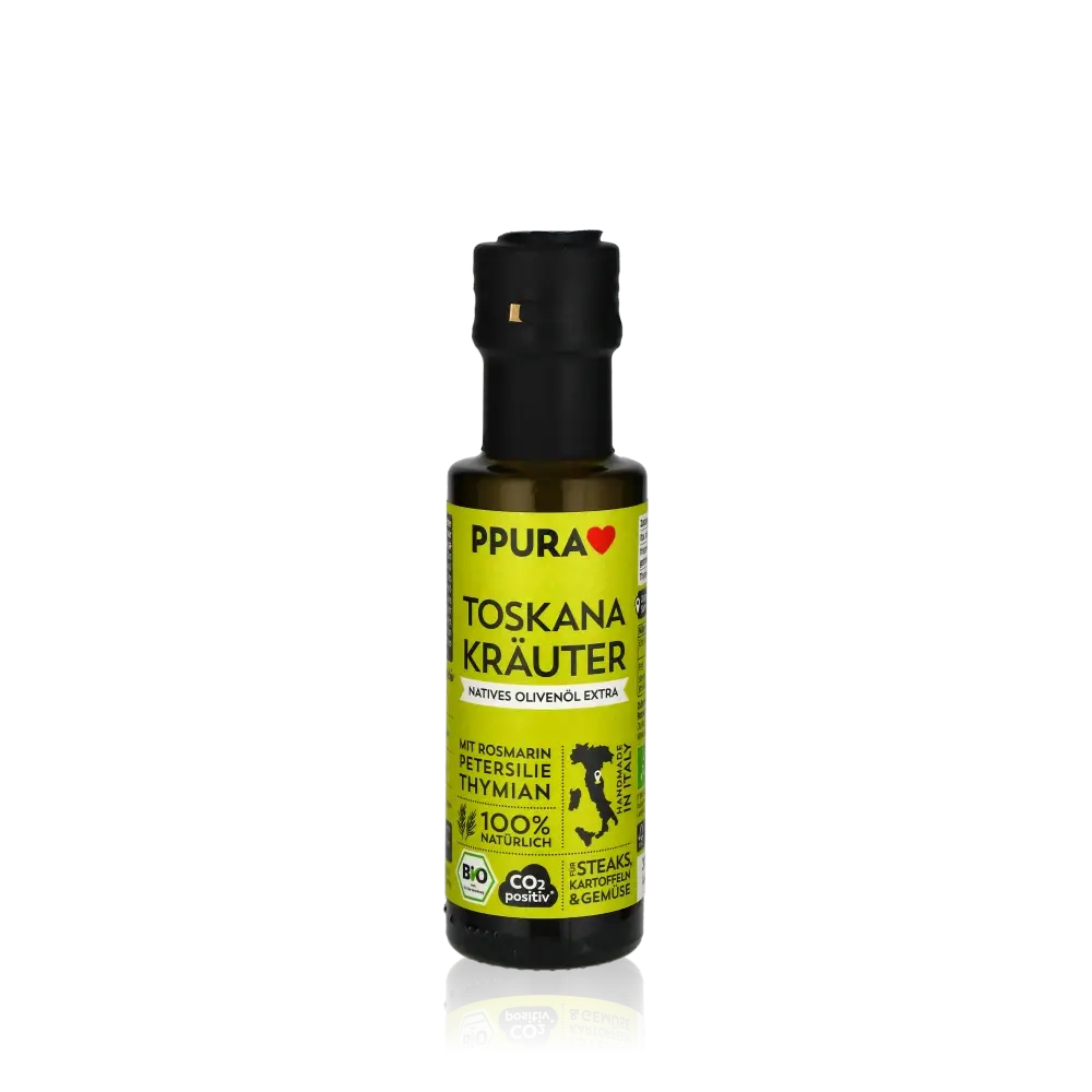 PPURA Toskana Kräuter Olivenöl Flasche vor schwarzem Hintergrund.