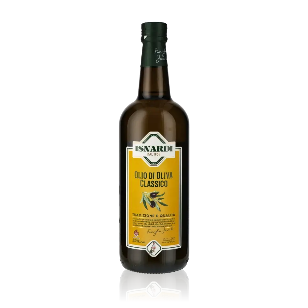 Isnardi Olivenöl Flasche mit gelbem Etikett auf schwarzem Hintergrund.