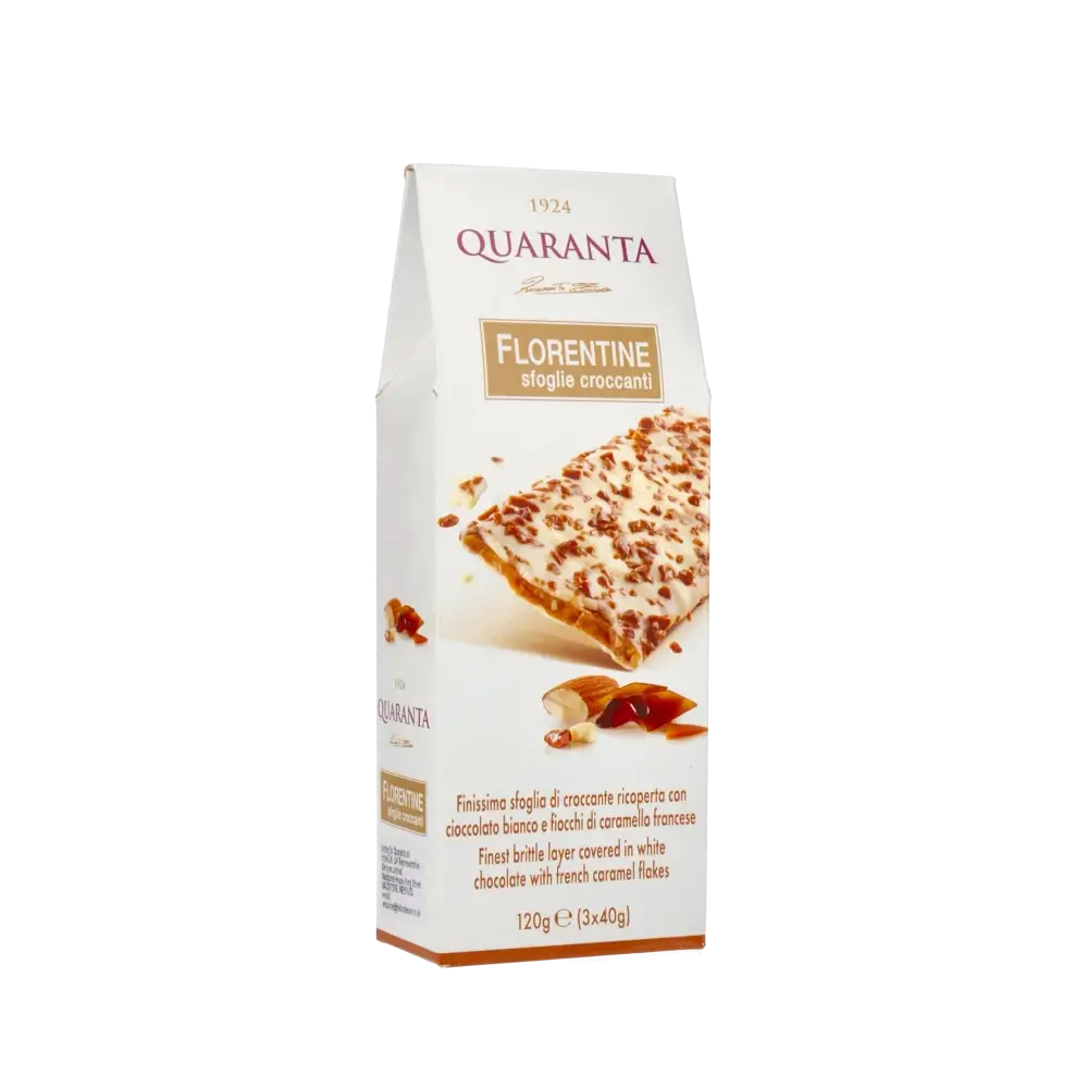 Quaranta Florentine weiße Schokolade und Karamell Verpackung.