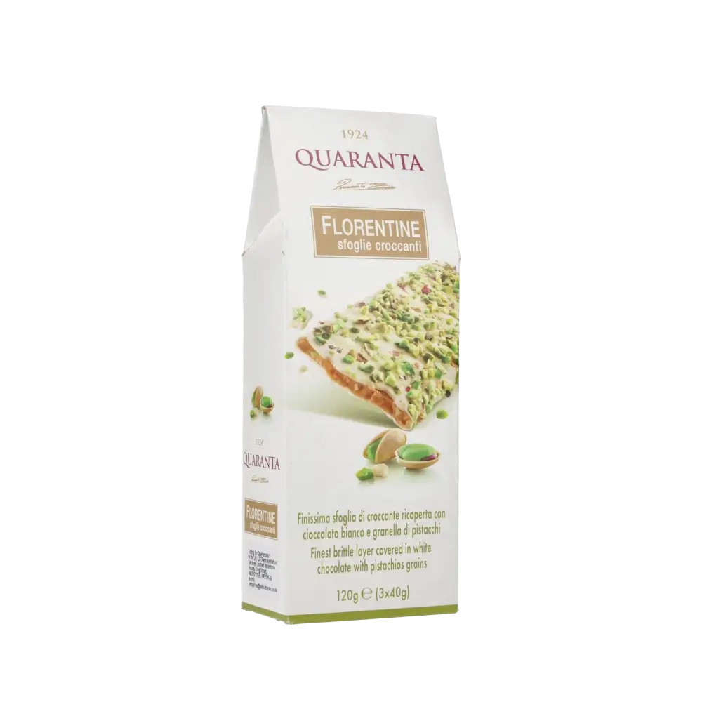 Quaranta Florentine Pistazie weiße Schokolade Verpackung, 120g.