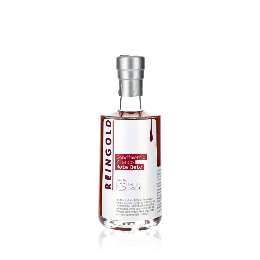 Reingold Condimento Bianco Rote Bete Essigflasche vor schwarzem Hintergrund.