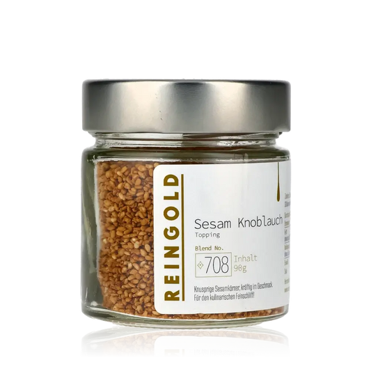Reingold Sesam Knoblauch Topping im Glasbehälter.