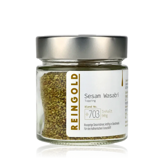 Reingold Sesam Wasabi Topping im Glasbehälter.