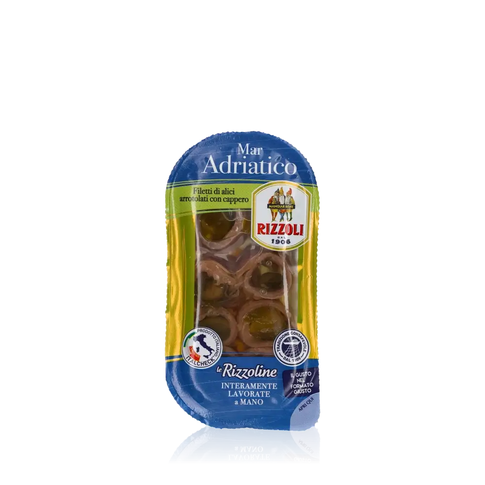 Rizzoli Sardellen mit Kapern in Verpackung, Fischspezialität.