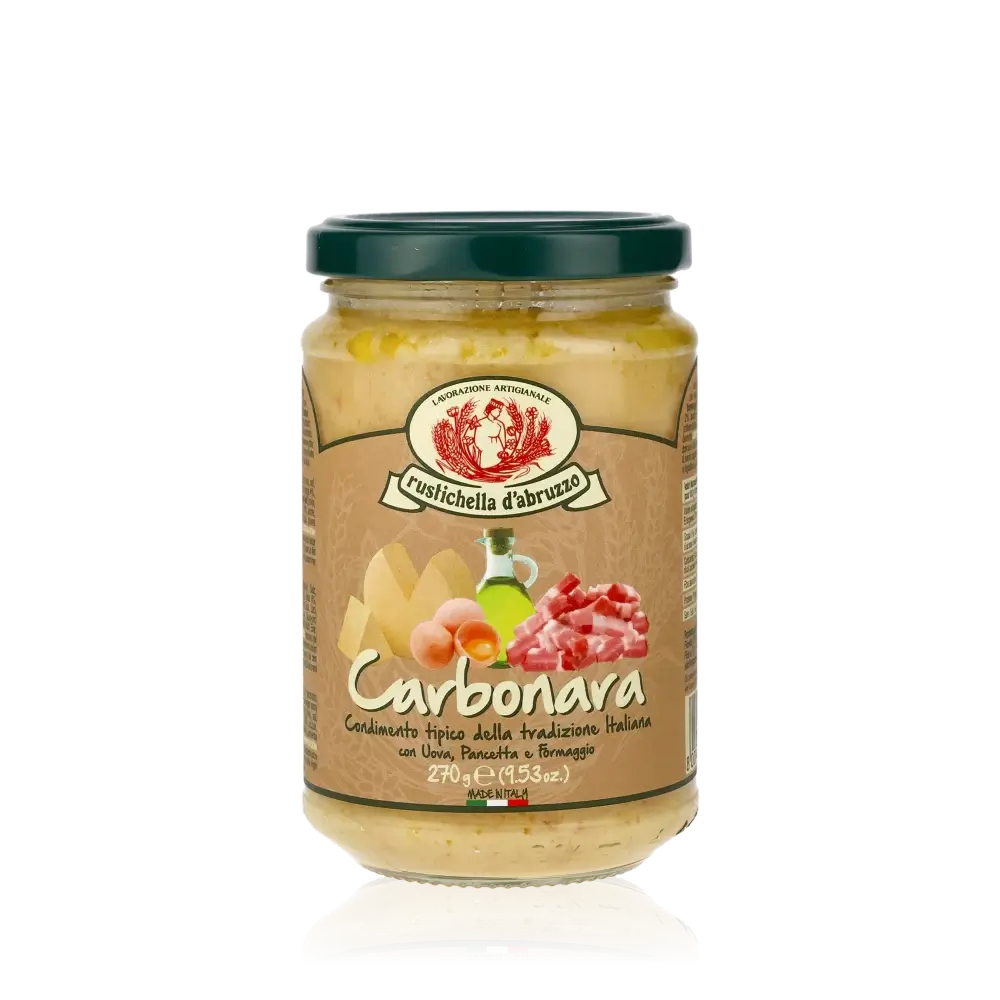 Feinkostglas Rustichella d'Abruzzo Carbonara-Sauce mit Zutatenabbildung.