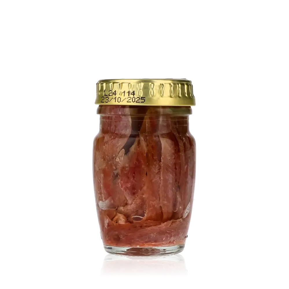 Glas mit Savini Sardellen Fischspezialitäten, goldener Deckel.