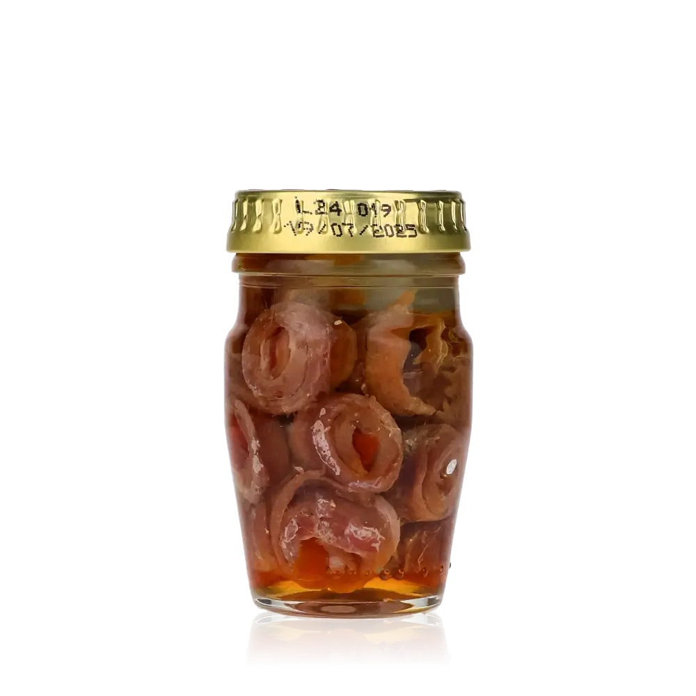 Savini Sardellen mit Tomaten in Glasbehälter.
