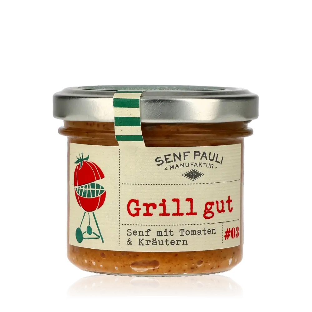 Senf Pauli Grill gut Senf mit Tomaten und Kräutern.