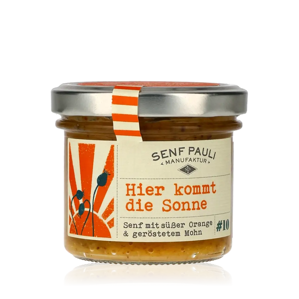 Senf Pauli Senf mit Orange und geröstetem Mohn.
