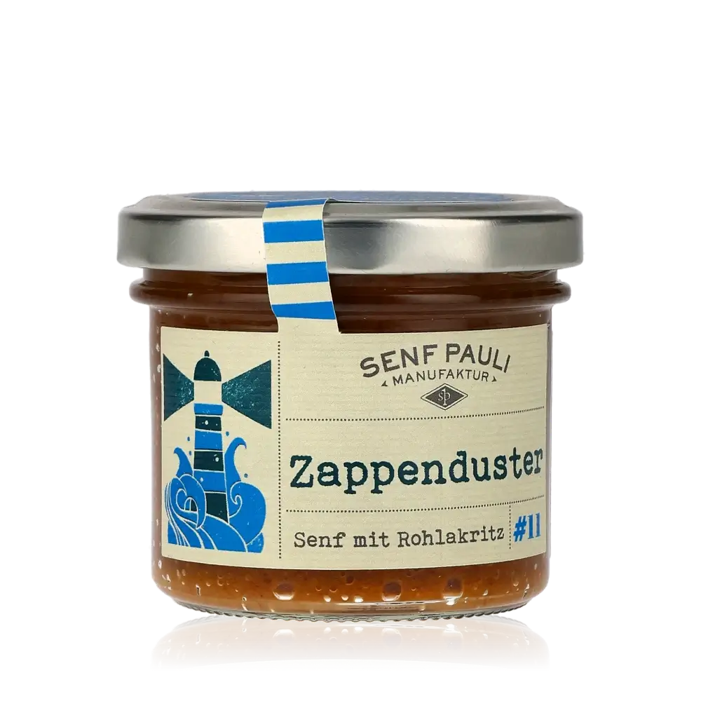 Senf Pauli Zappenduster Senf mit Rohlakritz Glas.