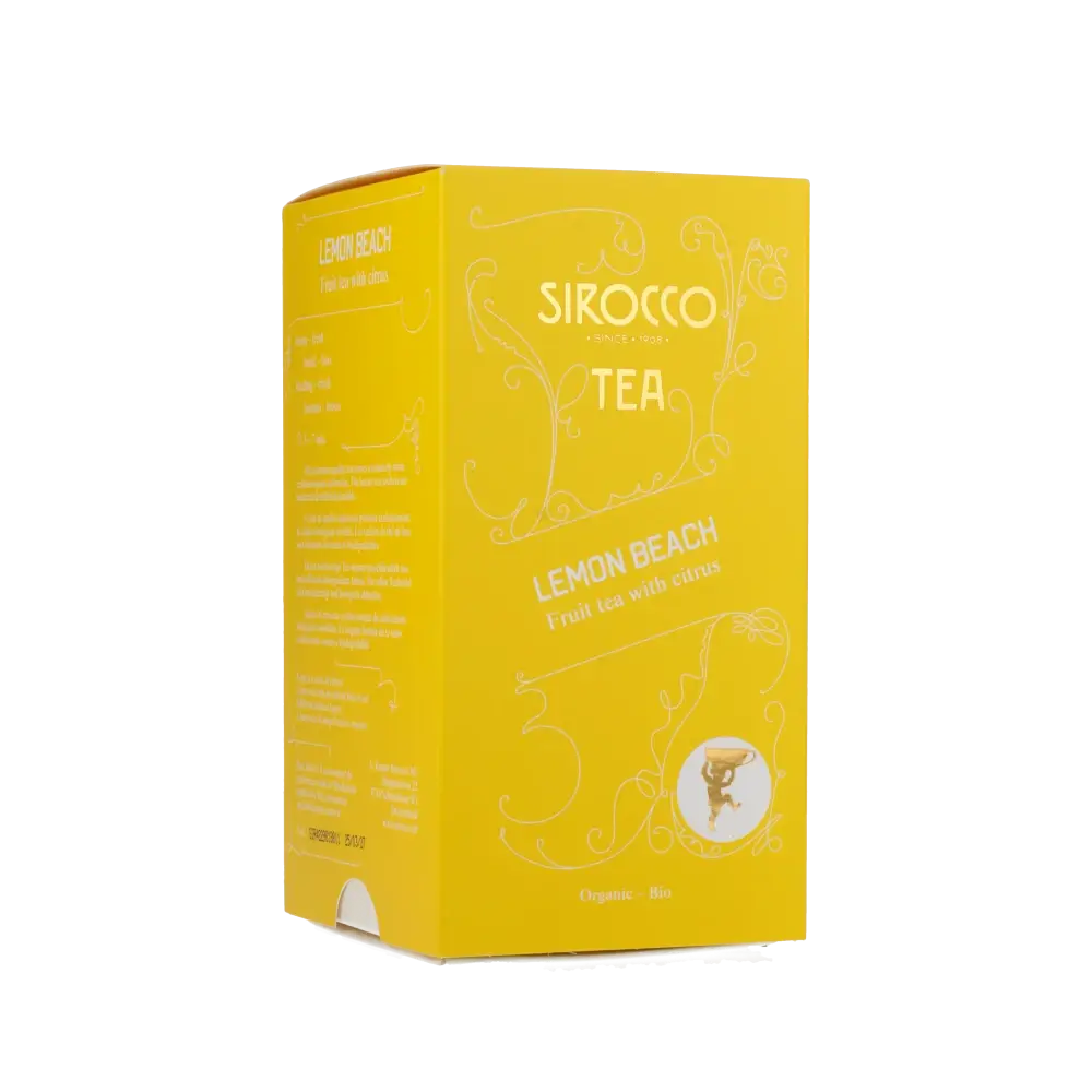 Gelbe Teepackung mit Zitronenmotiv.