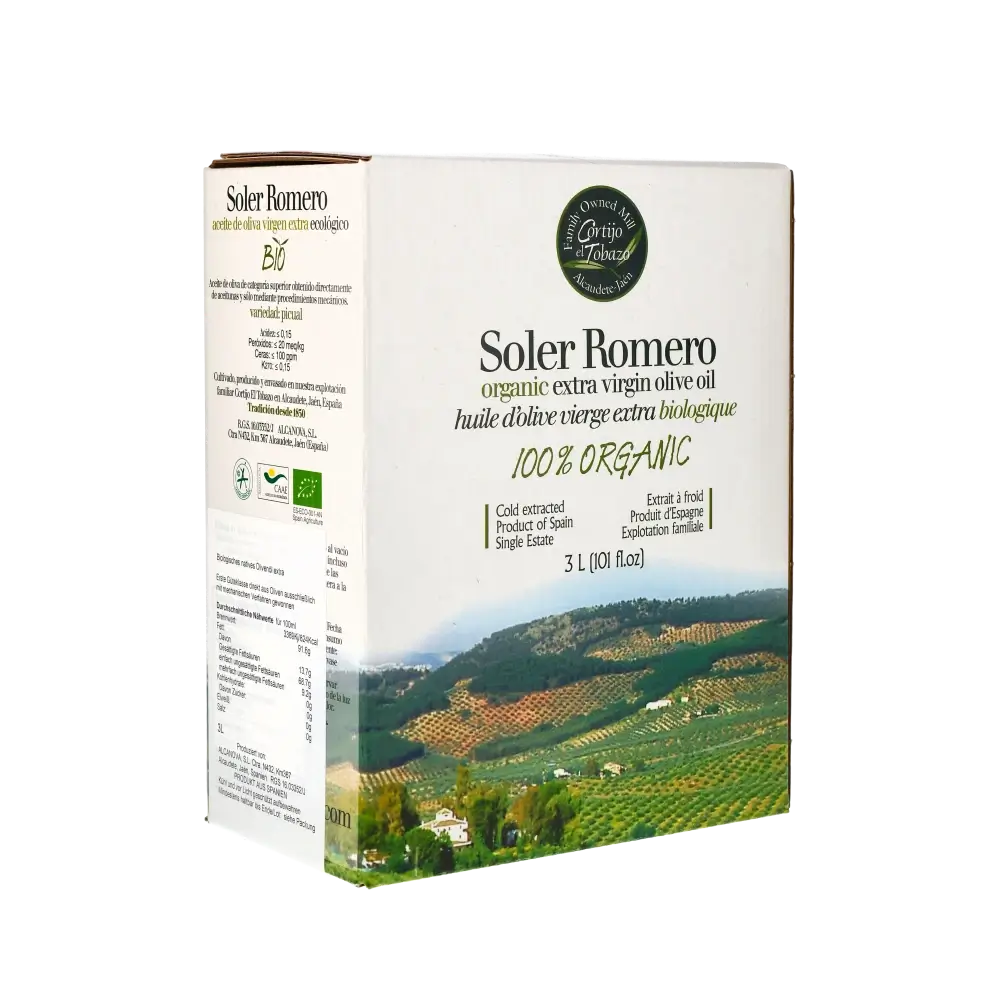 Soler Romero Bio-Olivenöl 3L Box, Landschaftsbild, Text.