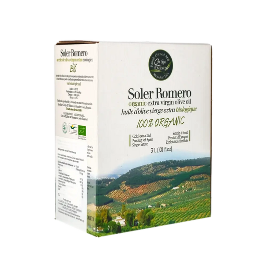 Soler Romero Bio-Olivenöl 3L Box, Landschaftsbild, Text.