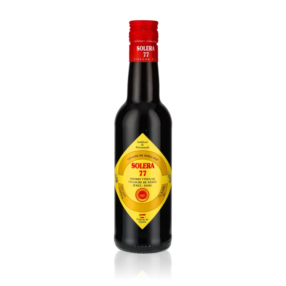 Flasche Solera 77 Sherry-Essig mit rotem Verschluss.