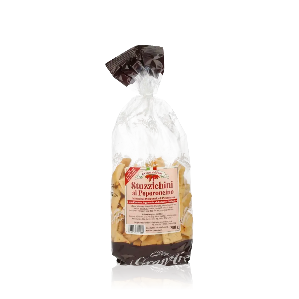 Feinkostgebäck Stuzzichini al Peperoncino in transparenter Verpackung.