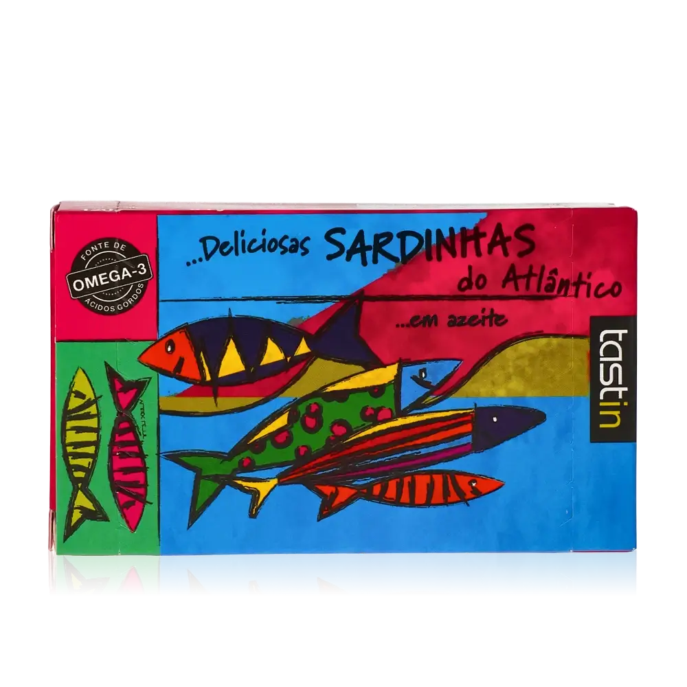 Bunte Verpackung von Tastin Atlantik-Sardinen in Olivenöl.
