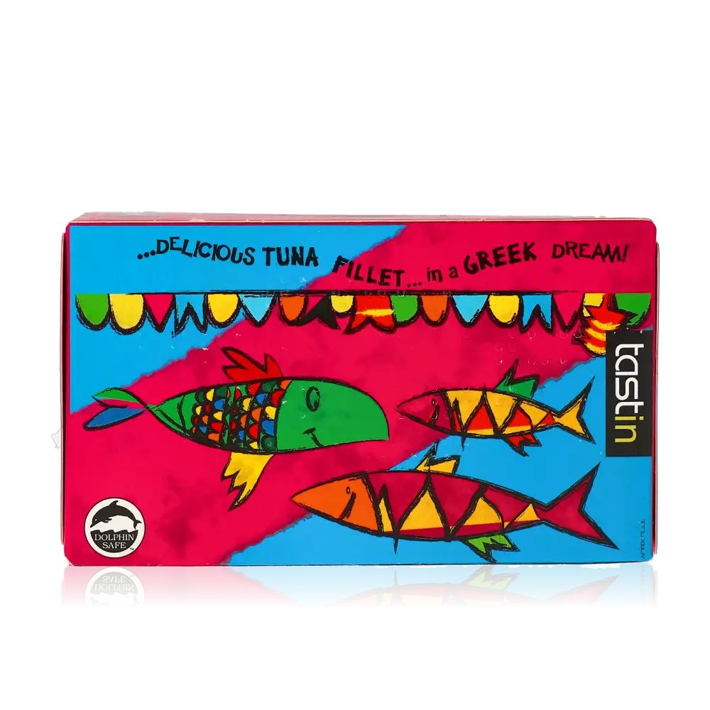 Feinkostverpackung mit buntem Thunfischdesign und Tastin-Logo.