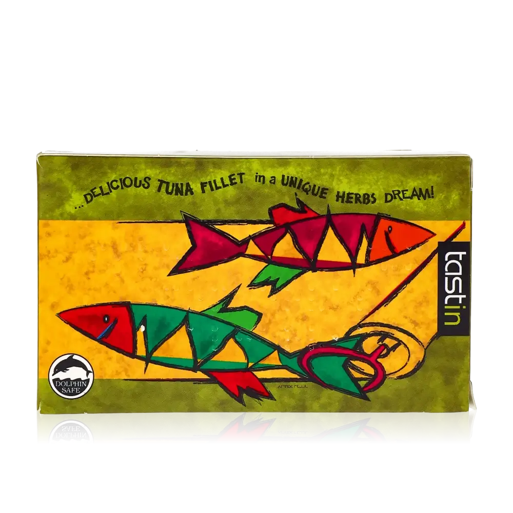 Feinkostverpackung mit Thunfischfilet und Kräutern, Marke Tastin.