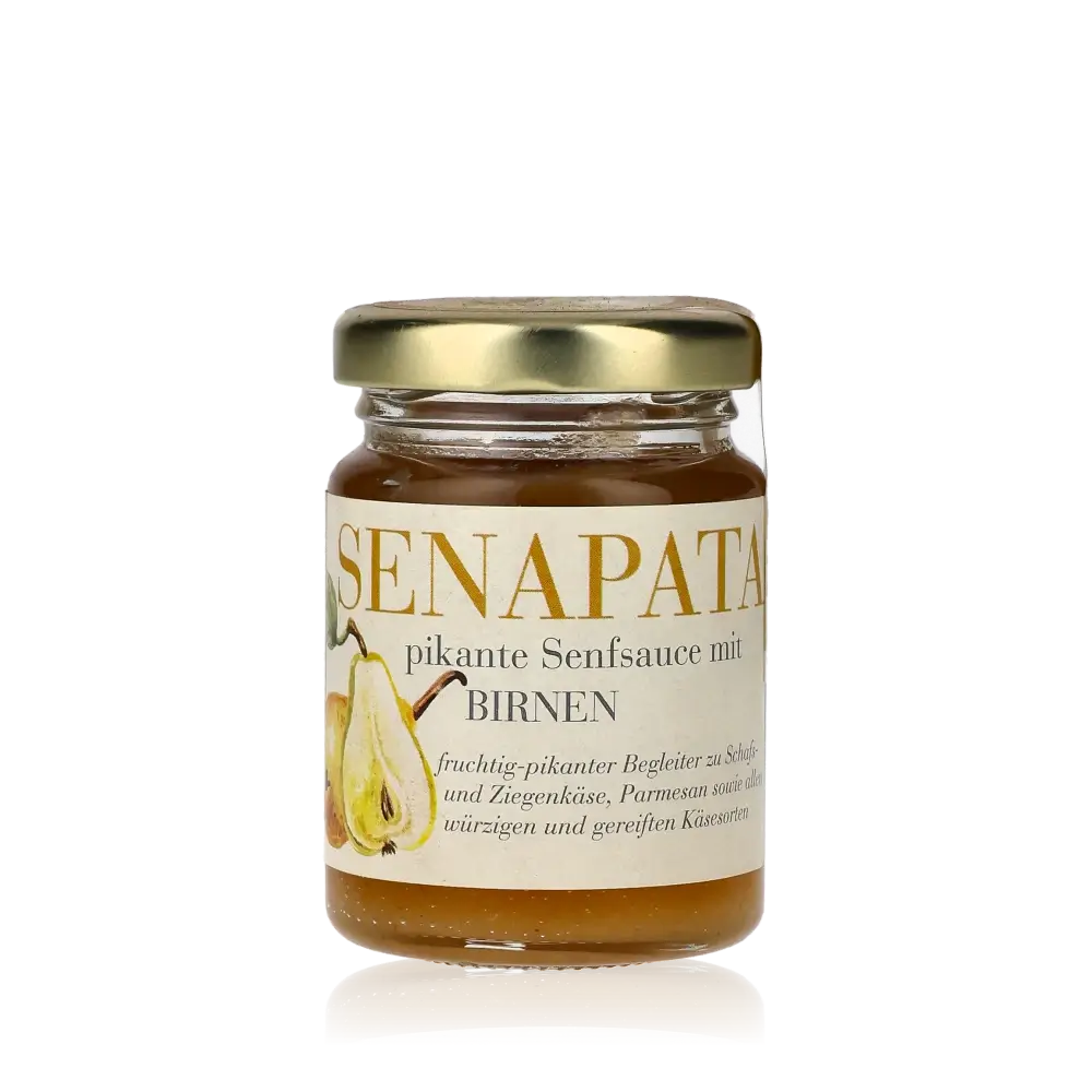 Feinkost Senfsauce mit Birnen von Senapata im Glas.