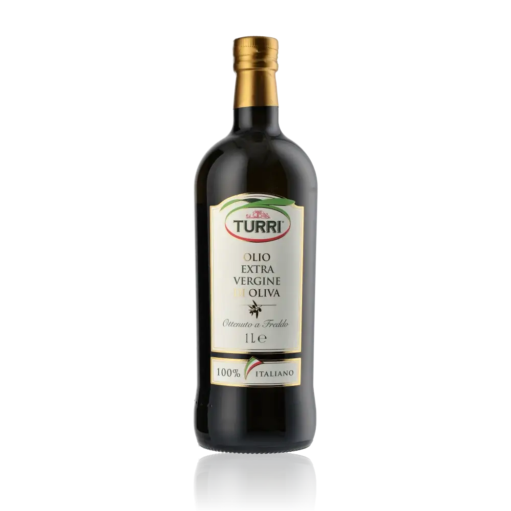 Flasche Turri Olivenöl Extra Vergine vor schwarzem Hintergrund.