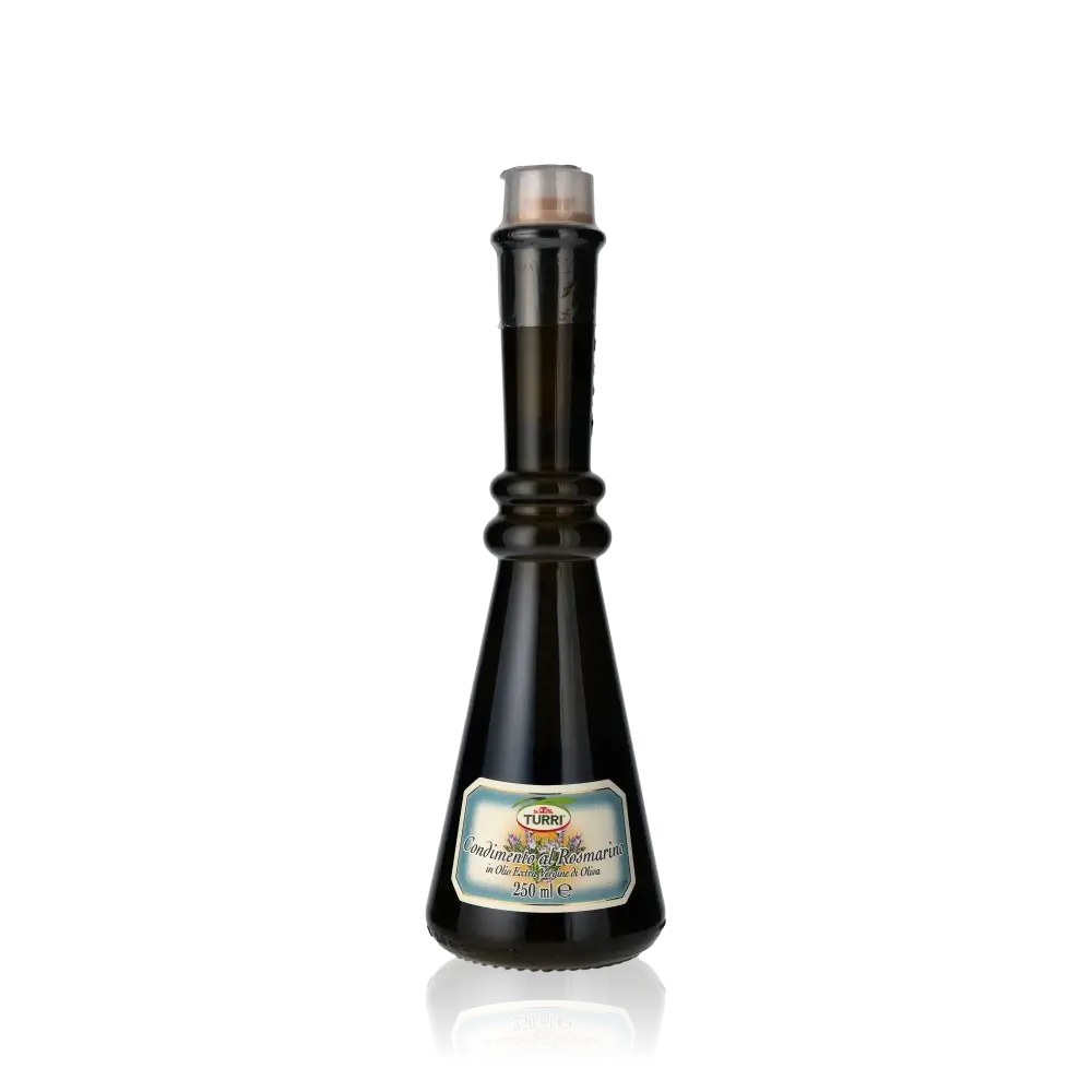 Turri Rosmarin-Olivenöl Flasche, 250 ml, schwarzer Hintergrund.