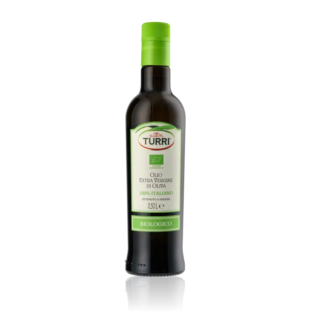Turri Olivenölflasche, 500ml, auf schwarzem Hintergrund.