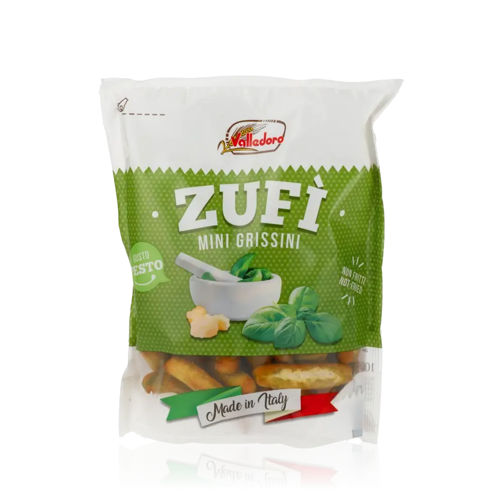 Valledoro Zufi Mini Grissini mit Pestogeschmack in Verpackung.