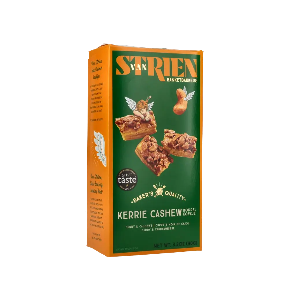 Verpackung von Curry-Cashew-Gebäck.