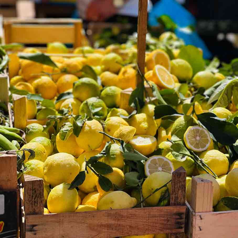 Zitronen in Holzkisten auf einem Markt in Sizilien.