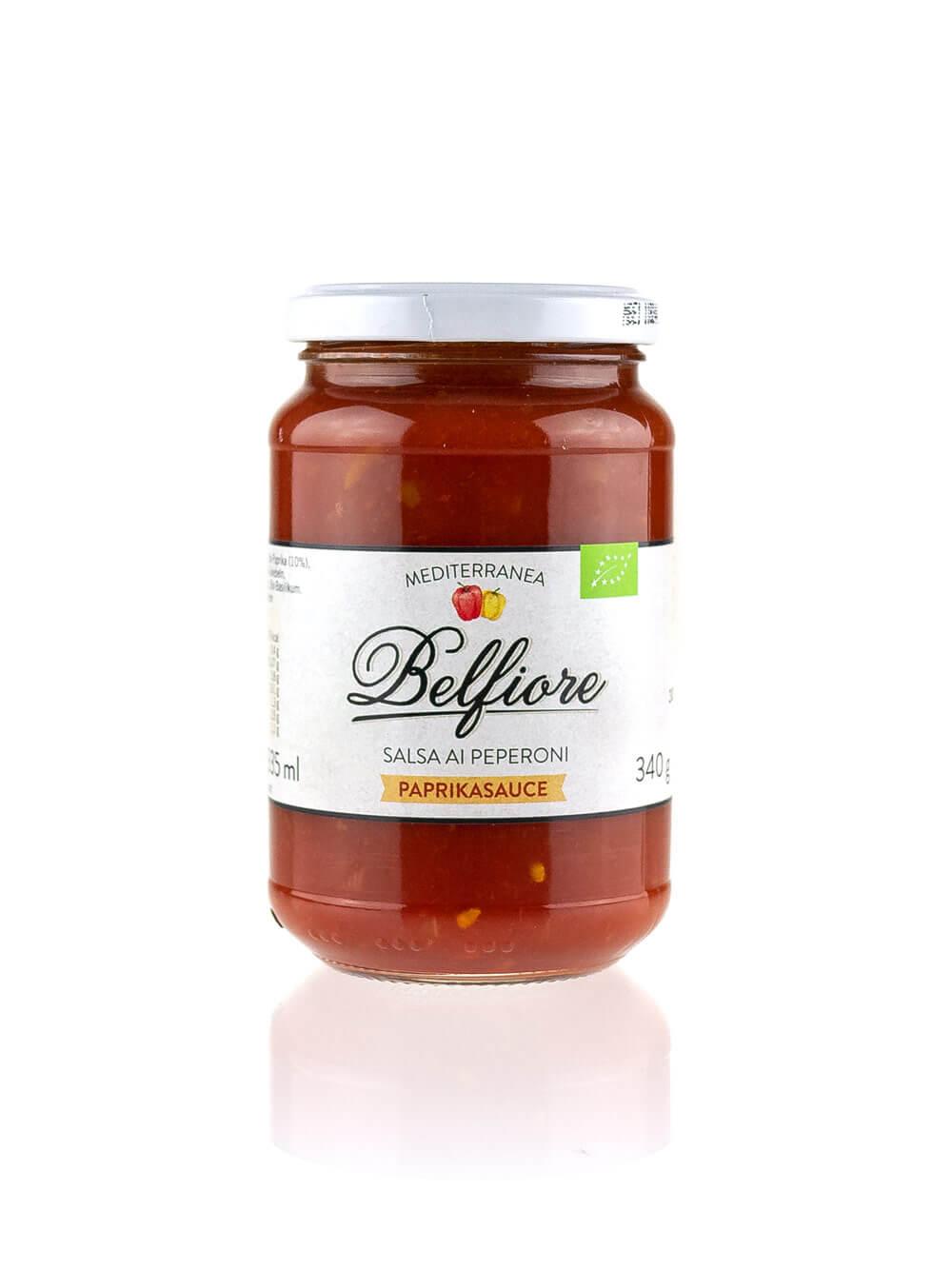 Belfiore Paprikasauce Glas mit Etikett und Bio-Siegel.