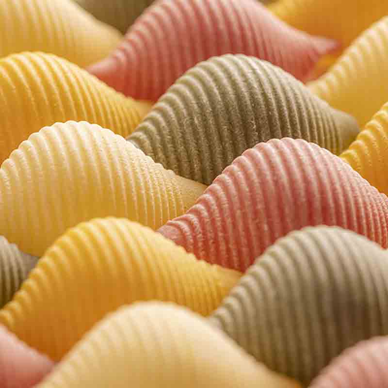 Bunte Muschelnudeln in Nahaufnahme.