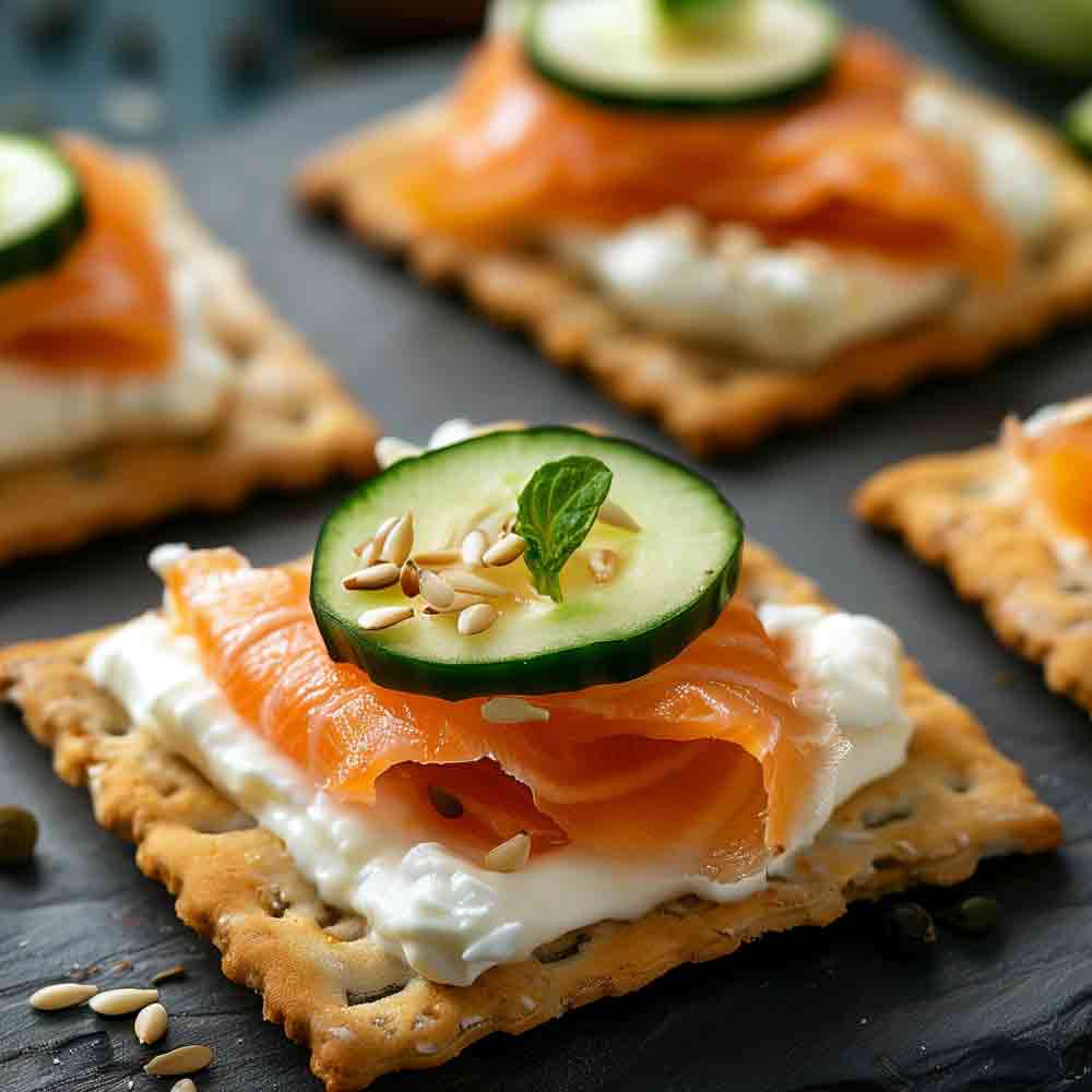 Cracker mit Lachs, Frischkäse, Gurke und Pinienkernen belegt.