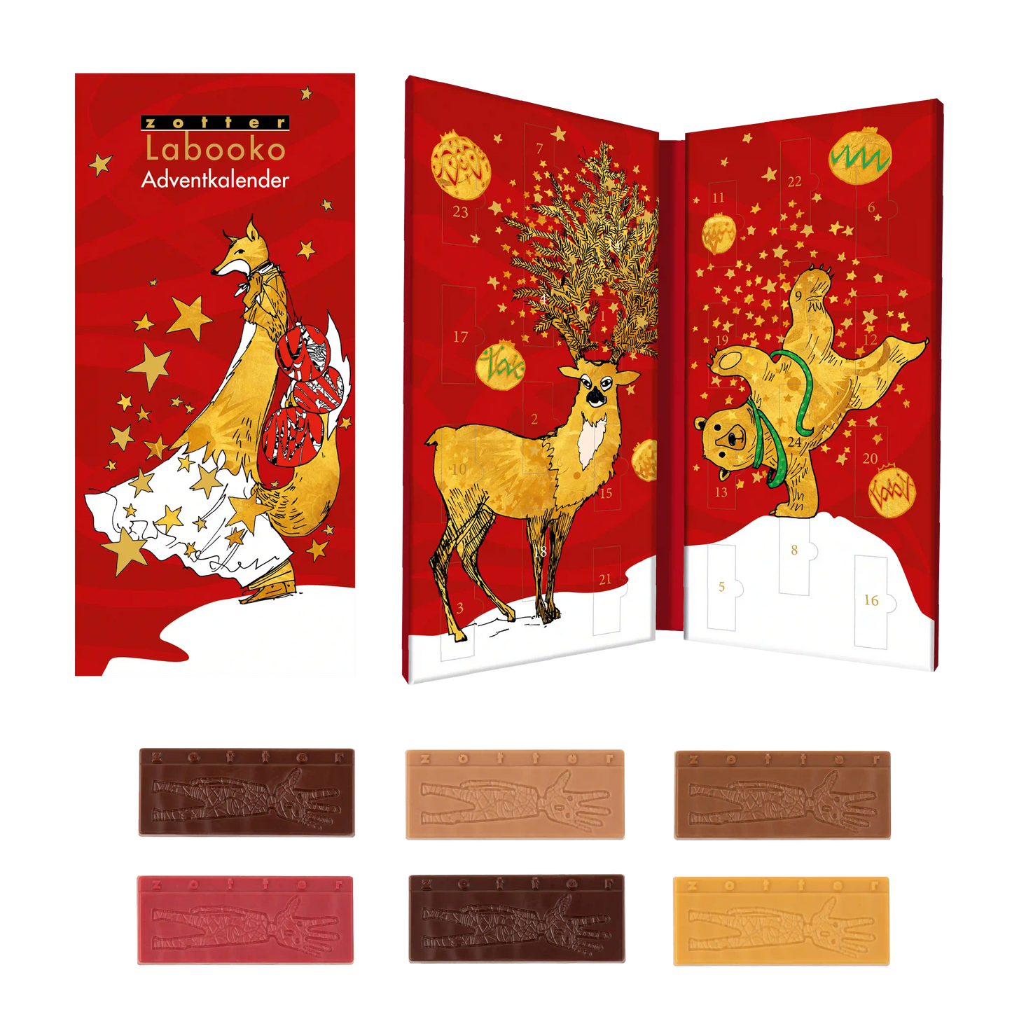 Labooko Adventskalender von Zotter in weihnachtlichem Design und mit goldenen Applikationen.