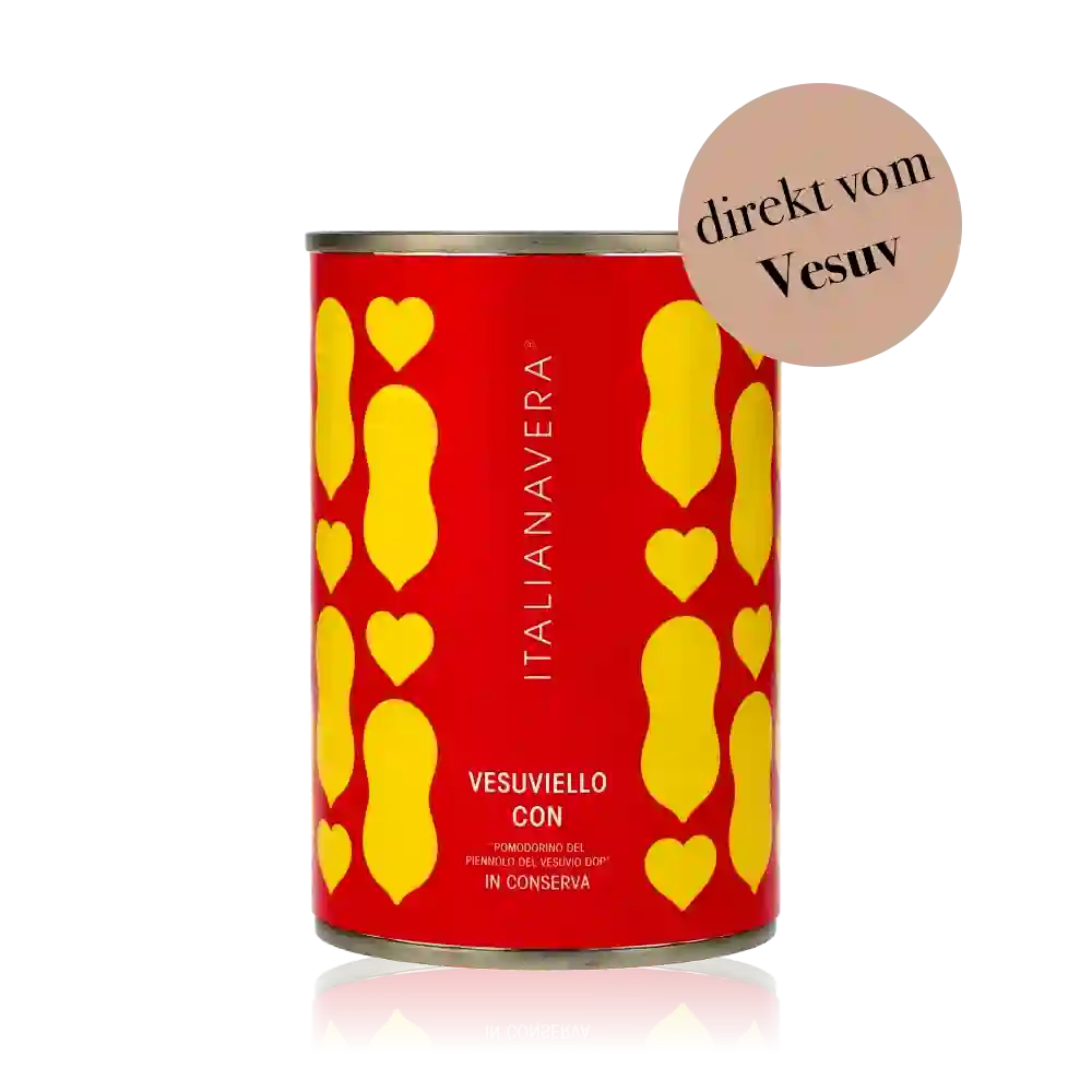 Feinkostdose Italianavera Vesuvio Tomaten mit gelbem Herzmuster.