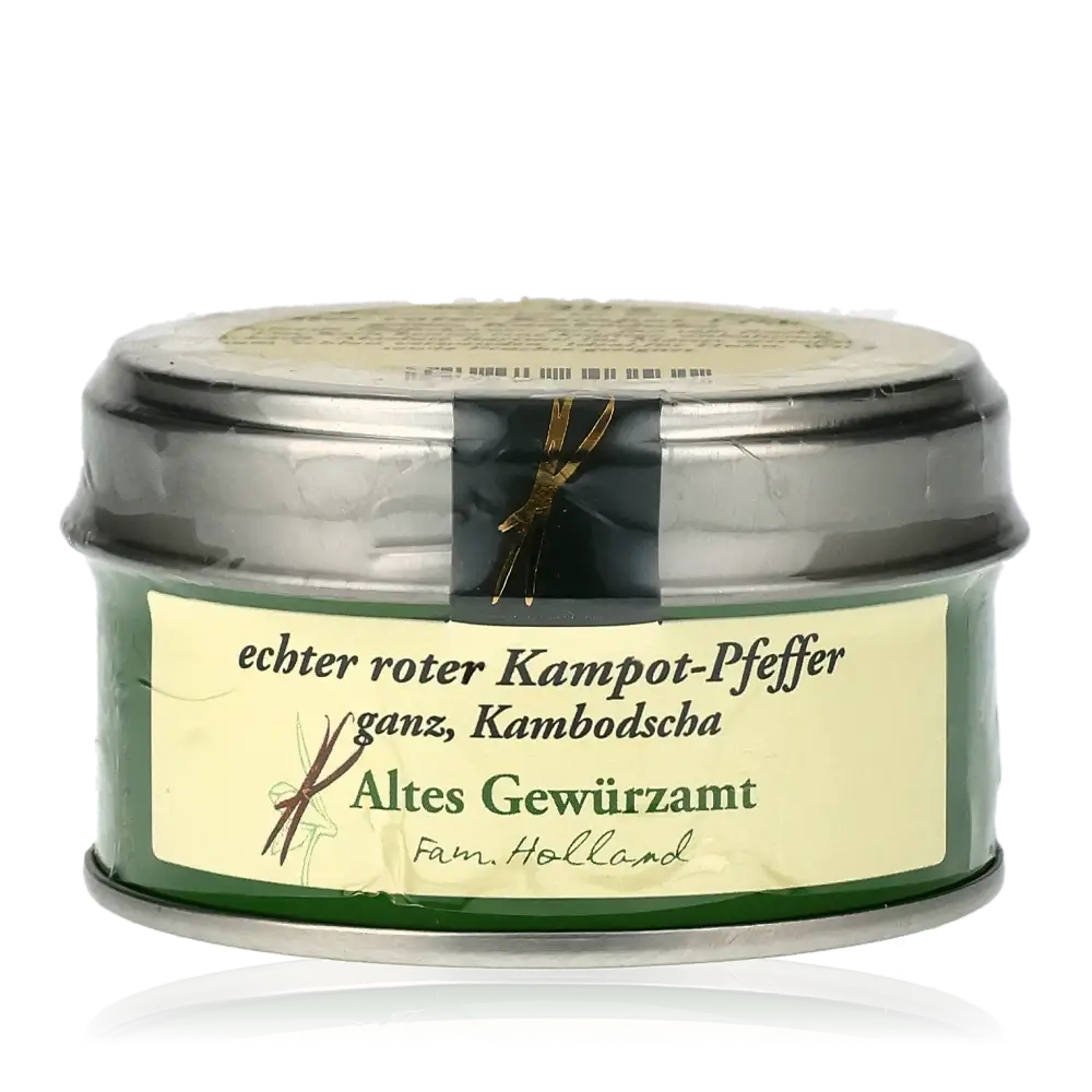 Echter roter Kampot-Pfeffer, Altes Gewürzamt, Dose.