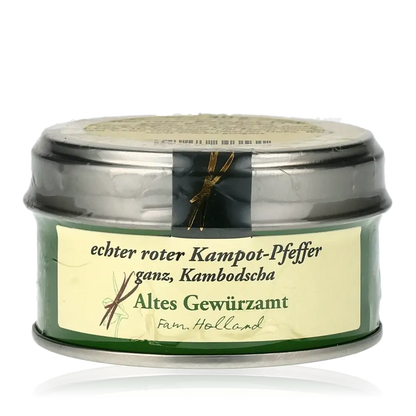 Echter roter Kampot-Pfeffer, Altes Gewürzamt, Dose.