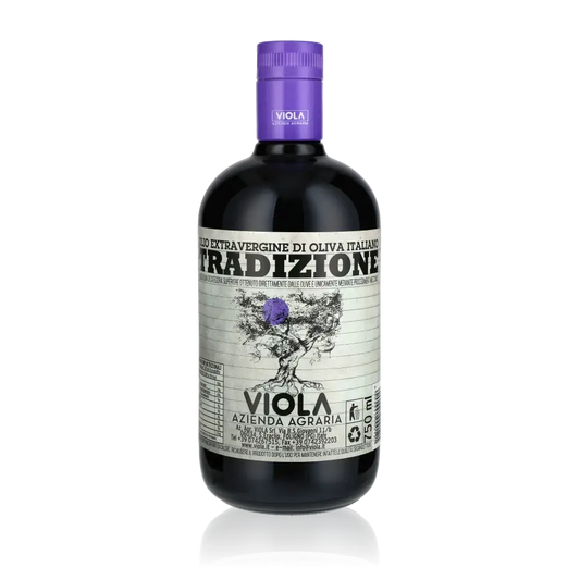 Flasche Viola Olivenöl mit violettem Verschluss und Etikett.