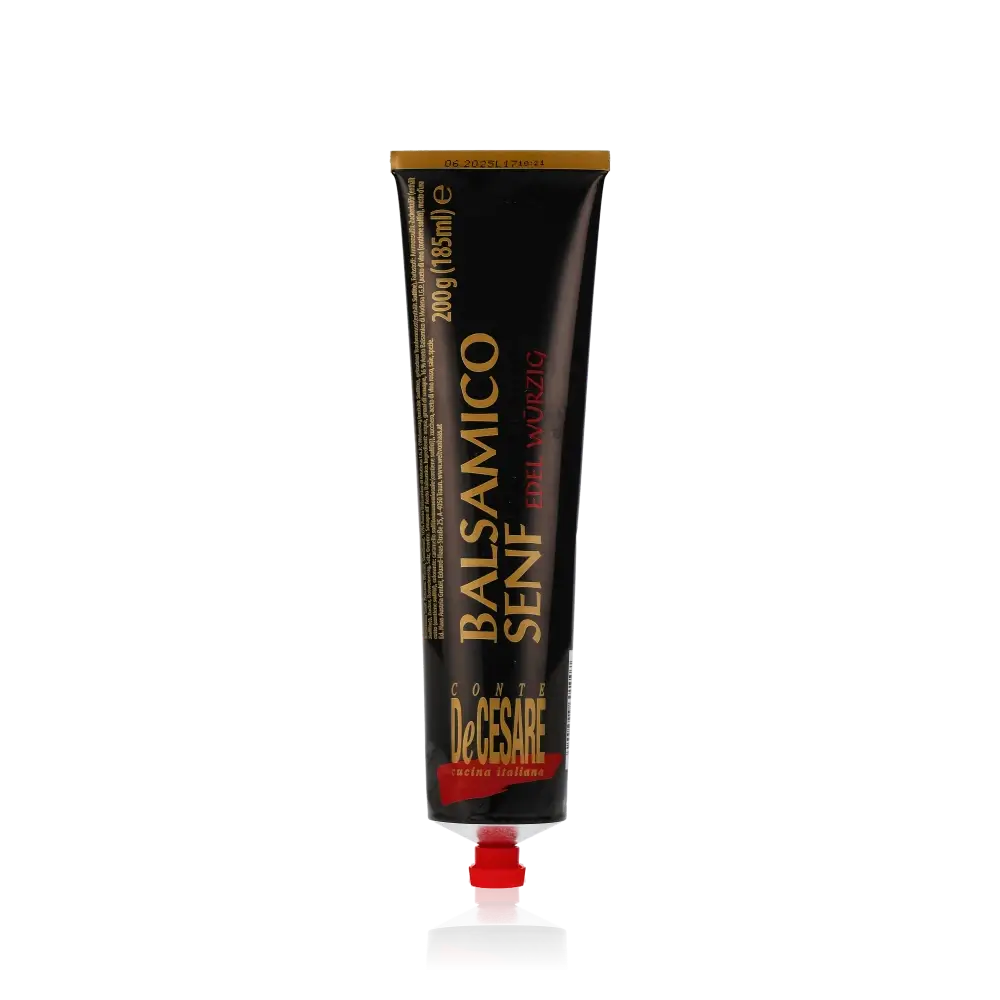 Conte DeCesare Balsamicosenf Tube auf schwarzem Hintergrund.