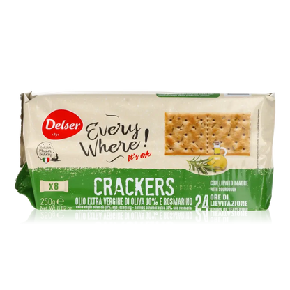 Delser Cracker Rosmarin Verpackung mit Olivenöl und Rosmarin.
