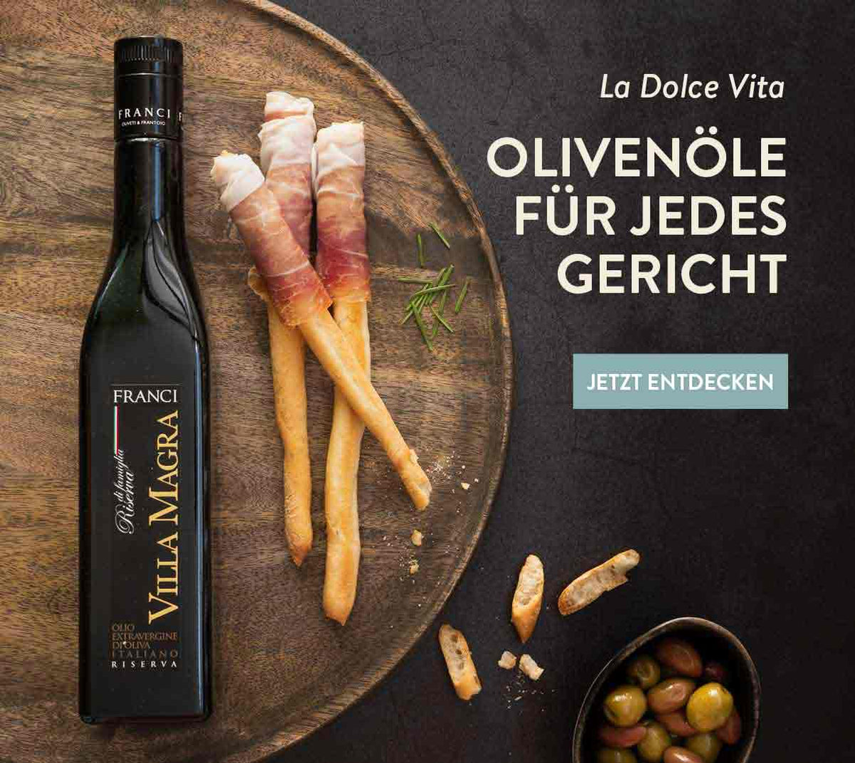 Flasche Franci Olivenöl, Grissini, Oliven, Text "Olivenöle entdecken".