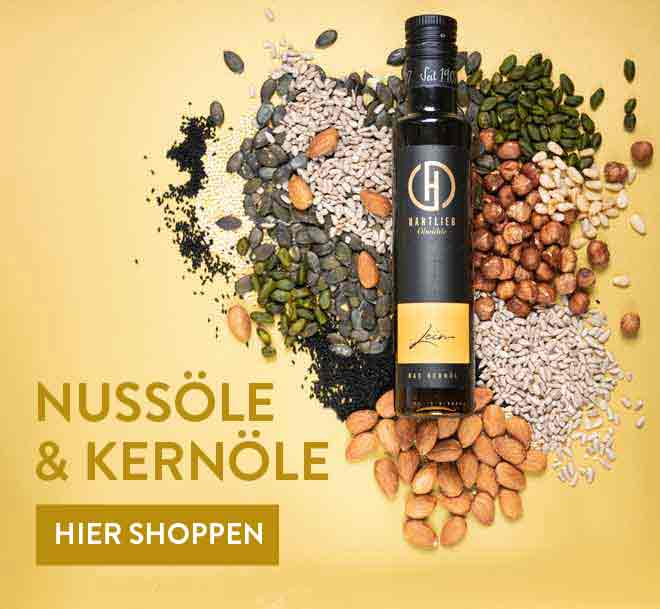 Hartlieb Nussöle und Kernöle mit verschiedenen Nüssen.