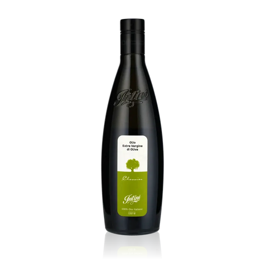 Intini Classico Olivenöl Flasche auf schwarzem Hintergrund.